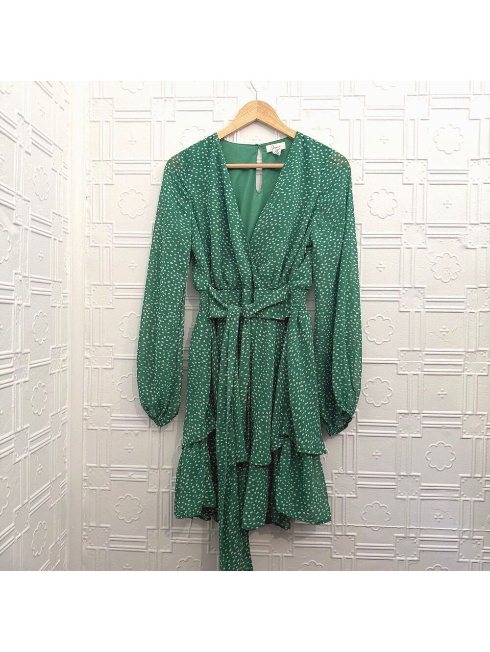 Japna Green Polka Dot Tiered Mini Dress Long Sleeve Size L